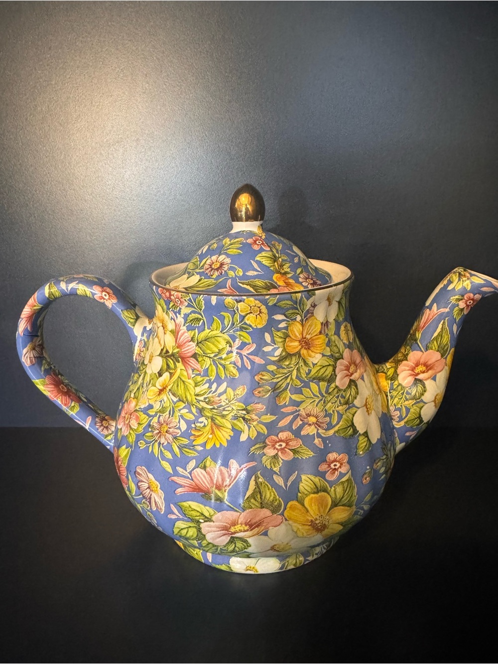 Arthur Wood Floral Blue Ceramic Teapot with Gold Accent